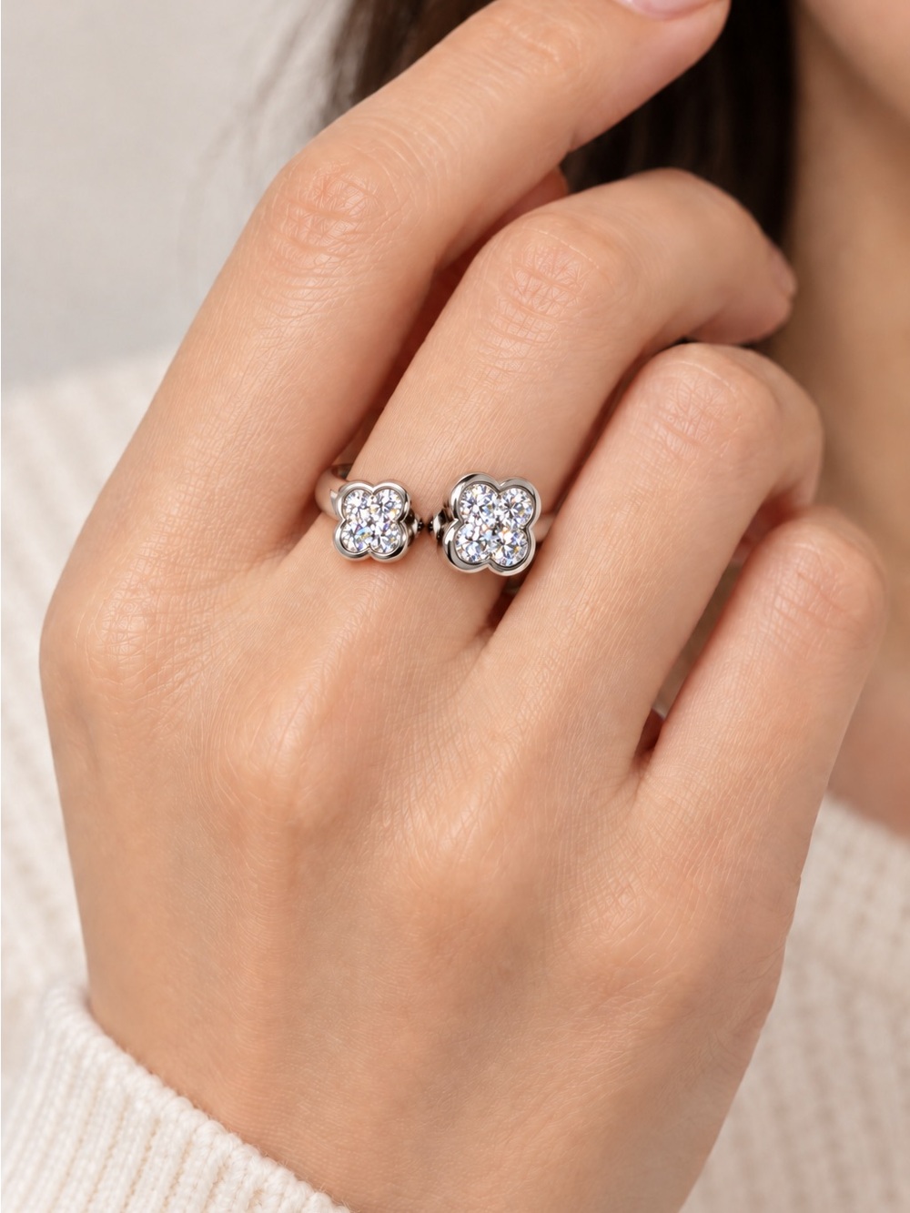 925 Sterling Silver Moissanite Clover Bypass Ring Size 10 – 0.26 CTW VVS D